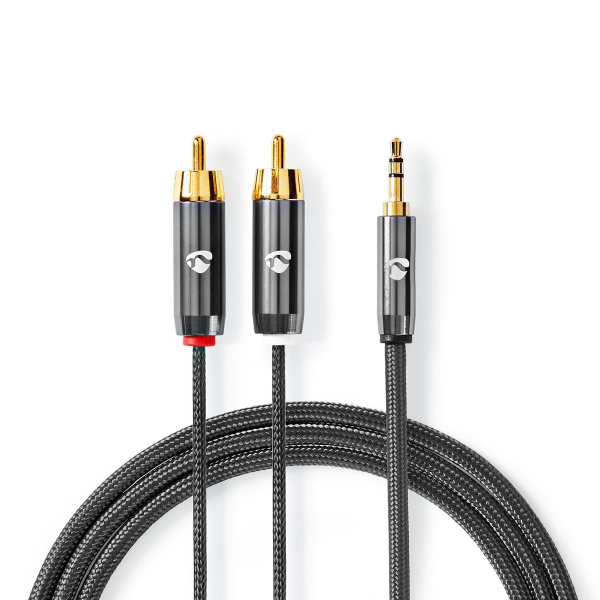 Stereo Audiokabel 35 Mm Stecker 2x Rca Stecker Vergoldet 500 M Rund Grau Mit Metall Box Mit Abgedecktem Fenster