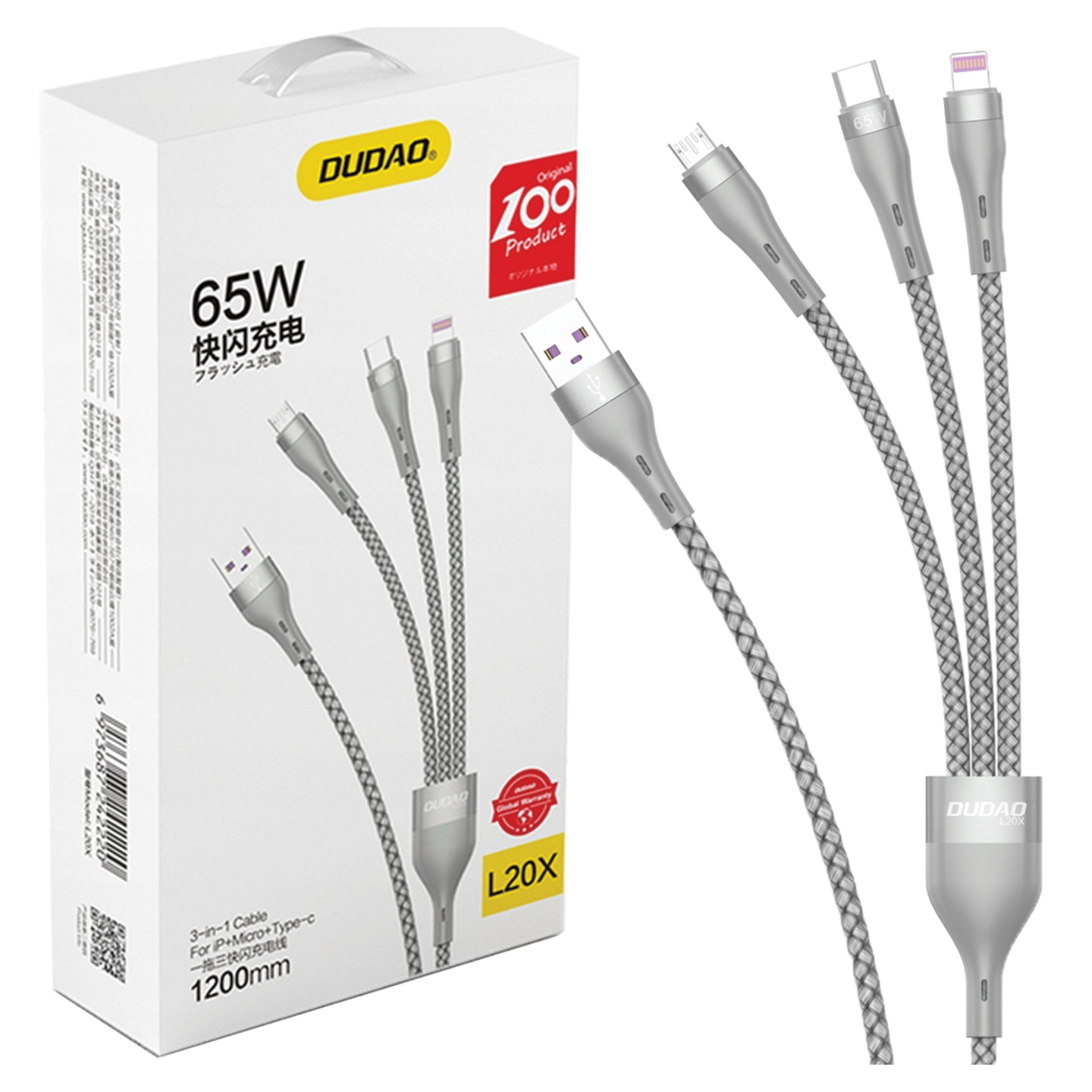 3in1-kabel Usb - Lightning Microusb Usb-c 65w 1,2m Grau