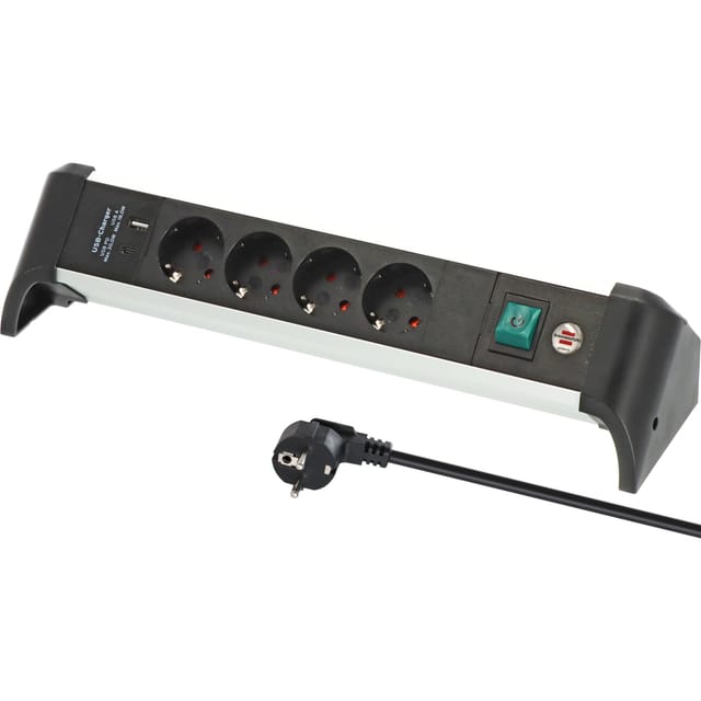 Alu-Office-Line Steckdosenleiste 4-fach, 2x USB, für den Schreibtisch