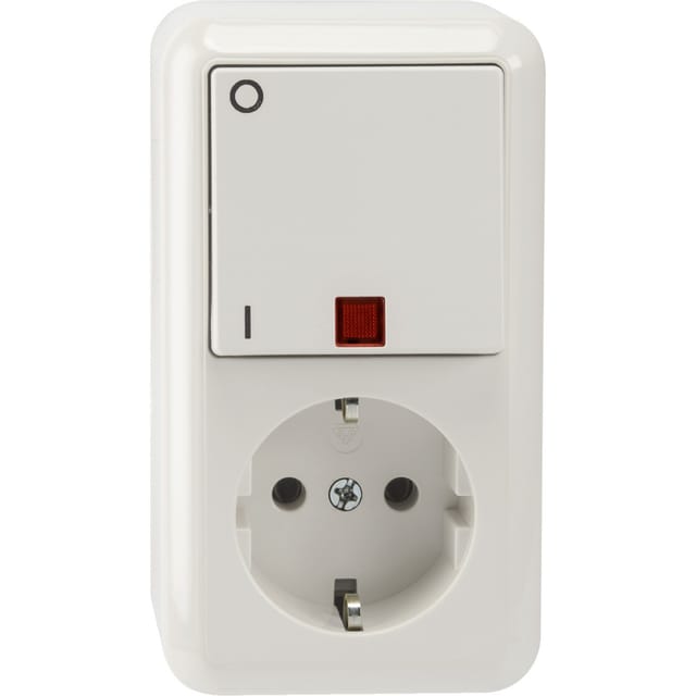 Schutzkontaktsteckdose 16 Ampere, Wechsel-Kontrollschalter 10 Ampere, Aufputz