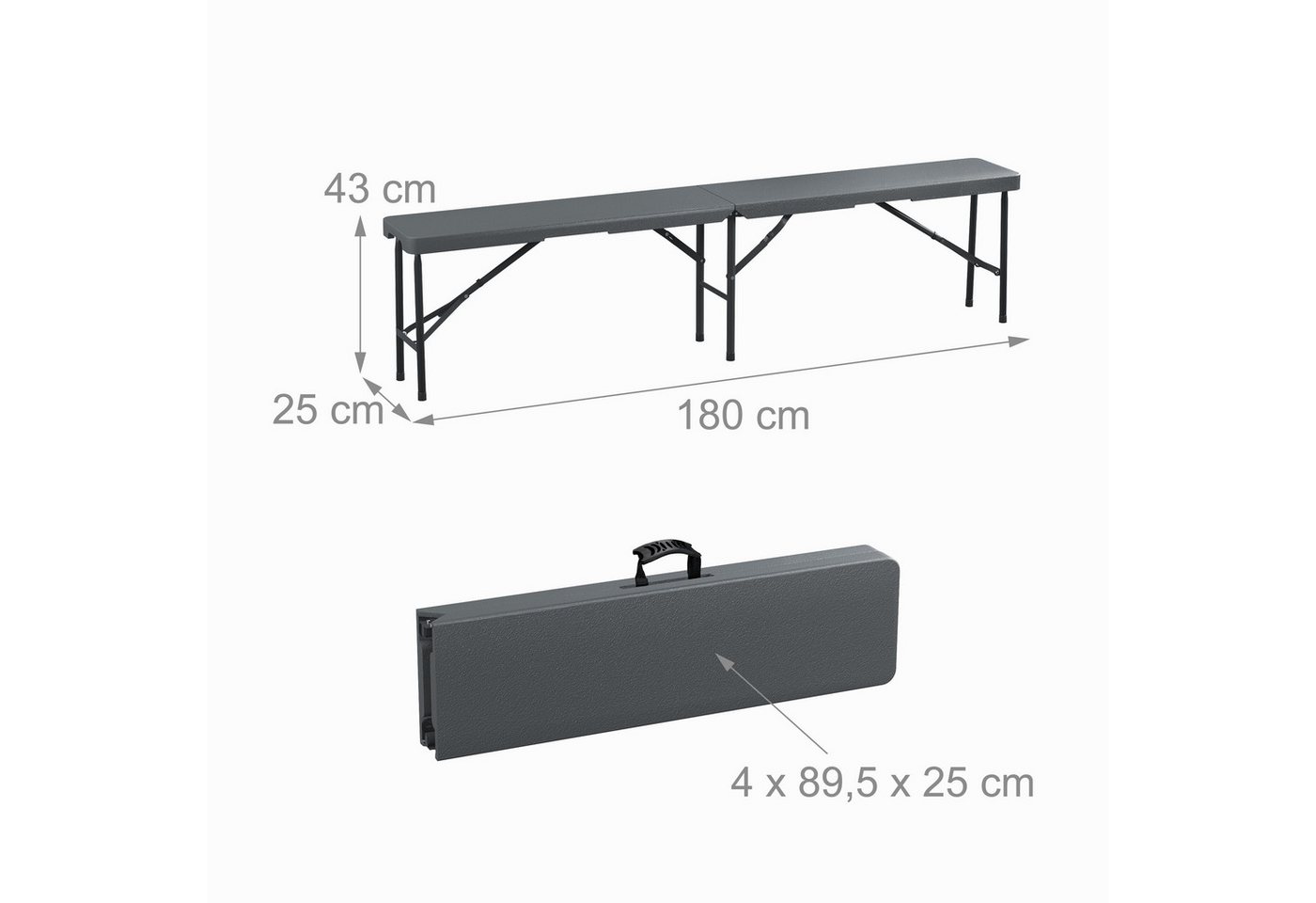 Bierbank 2er Set, Klappbar, Kunststoff, Stahl, Campingbank, Balkon & Garten, Hxbxt: 43 X 180 X 25 Cm, Grau - Relaxdays Bild 4