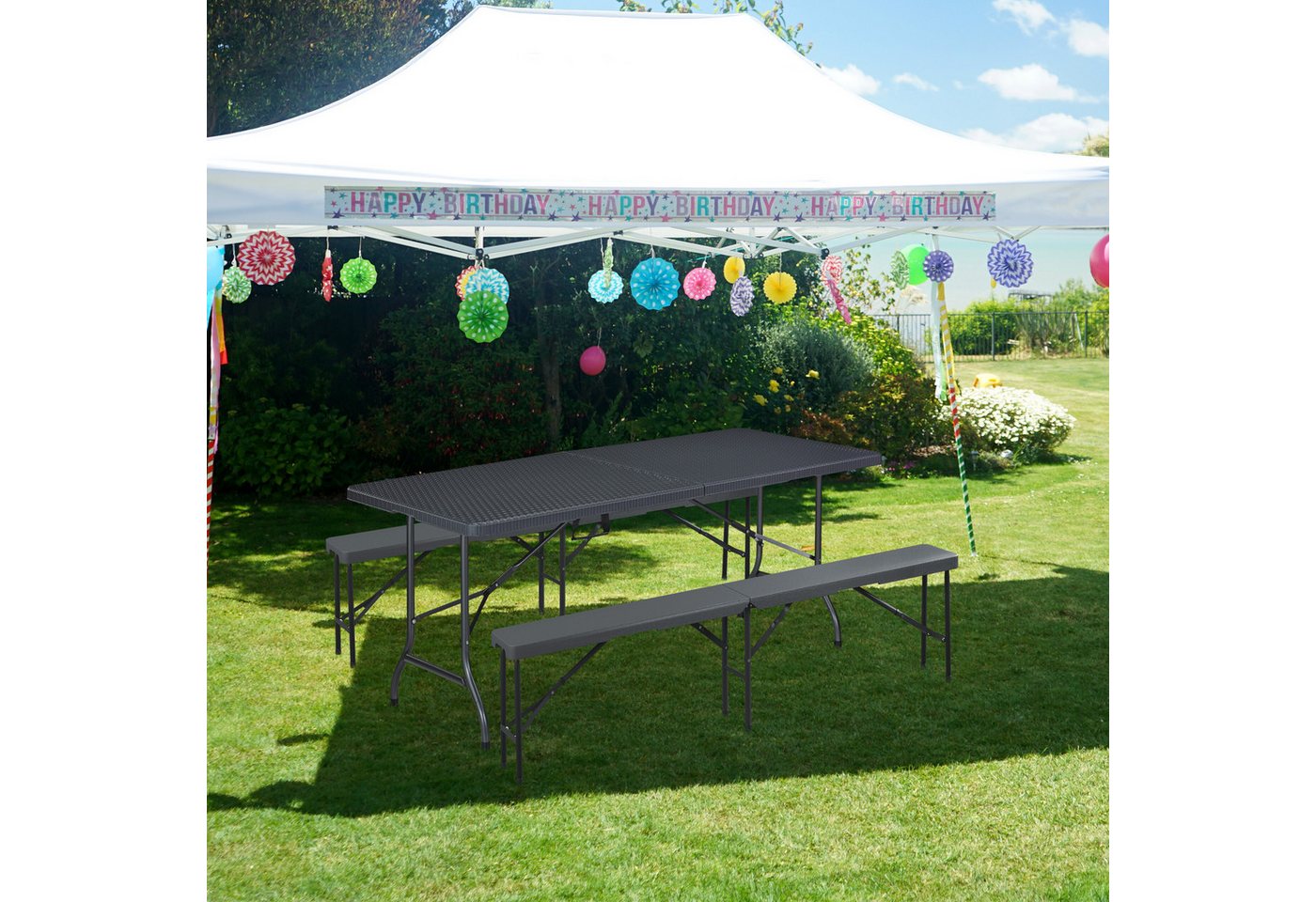 Bierbank 2er Set, Klappbar, Kunststoff, Stahl, Campingbank, Balkon & Garten, Hxbxt: 43 X 180 X 25 Cm, Grau - Relaxdays Bild 5