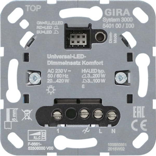 Universal-LED-Dimmeinsatz Komfort, Typ 540100, Unterputz, Drucktaster, dimmbar, Dimmer