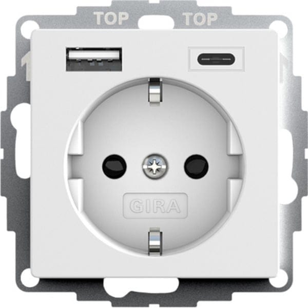 USB-Spannungsversorgung mit Schutzkontaktsteckdose Typ F 16 Ampere 250 Volt, 2 USB-Ausgänge Typ A und Typ C
