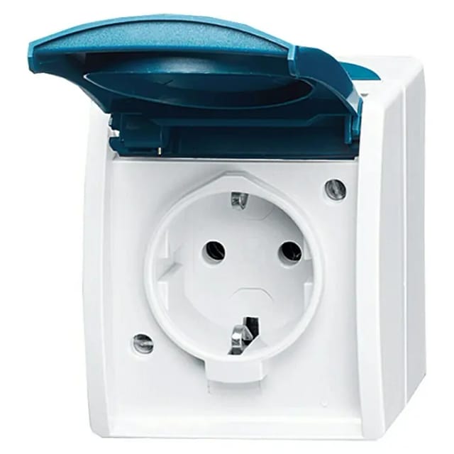 Schuko-Steckdose Schutzkontakt Aufputz mit Klappdeckel Typ 20 EW-53, 16 Ampere, 250 Volt