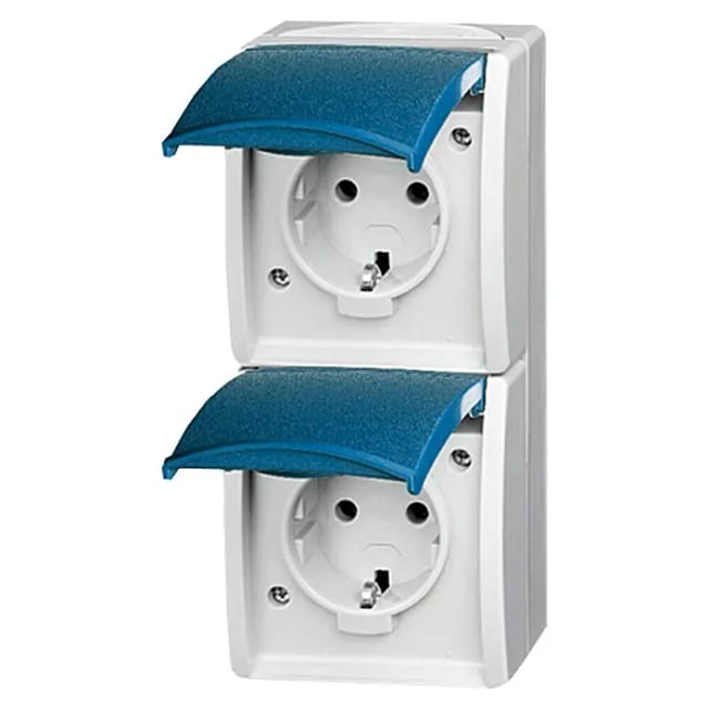 Schutzkontakt-Steckdose zweifach, senkrecht, Aufputz, mit Beschriftungsfeld, 16 Ampere, 250 Volt