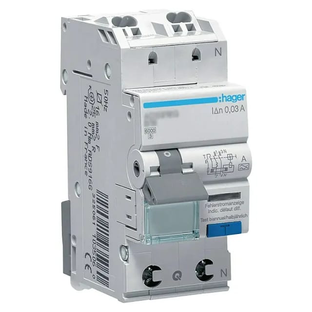 Fehlerstrom-Leitungsschutzschalter 1 Pol + Neutralleiter 6 Kiloampere B-16 Ampere 30 Milliampere, Sicherung
