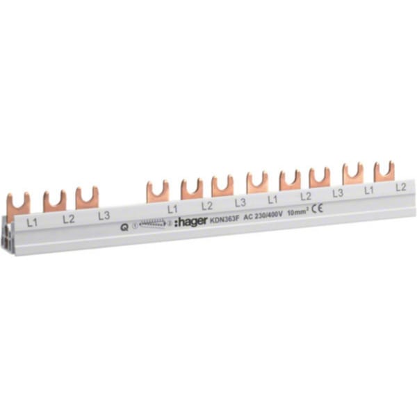 Phaserschiene drei polig mit Gabelanschluss zehn Quadratmillimeter 63 Ampere 12 Module