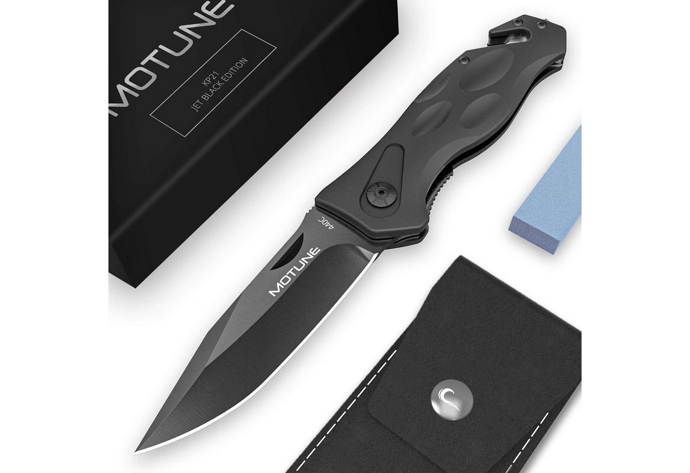 Motune® Zweihand Klappmesser 3-in-1 Kp21 - Taschenmesser Mit Aluminiumgriff - Zweihandmesser Mit Hochwertiger Edelstahlklinge 440c - Mit Schleifstein & Gürteltasche Bild 2