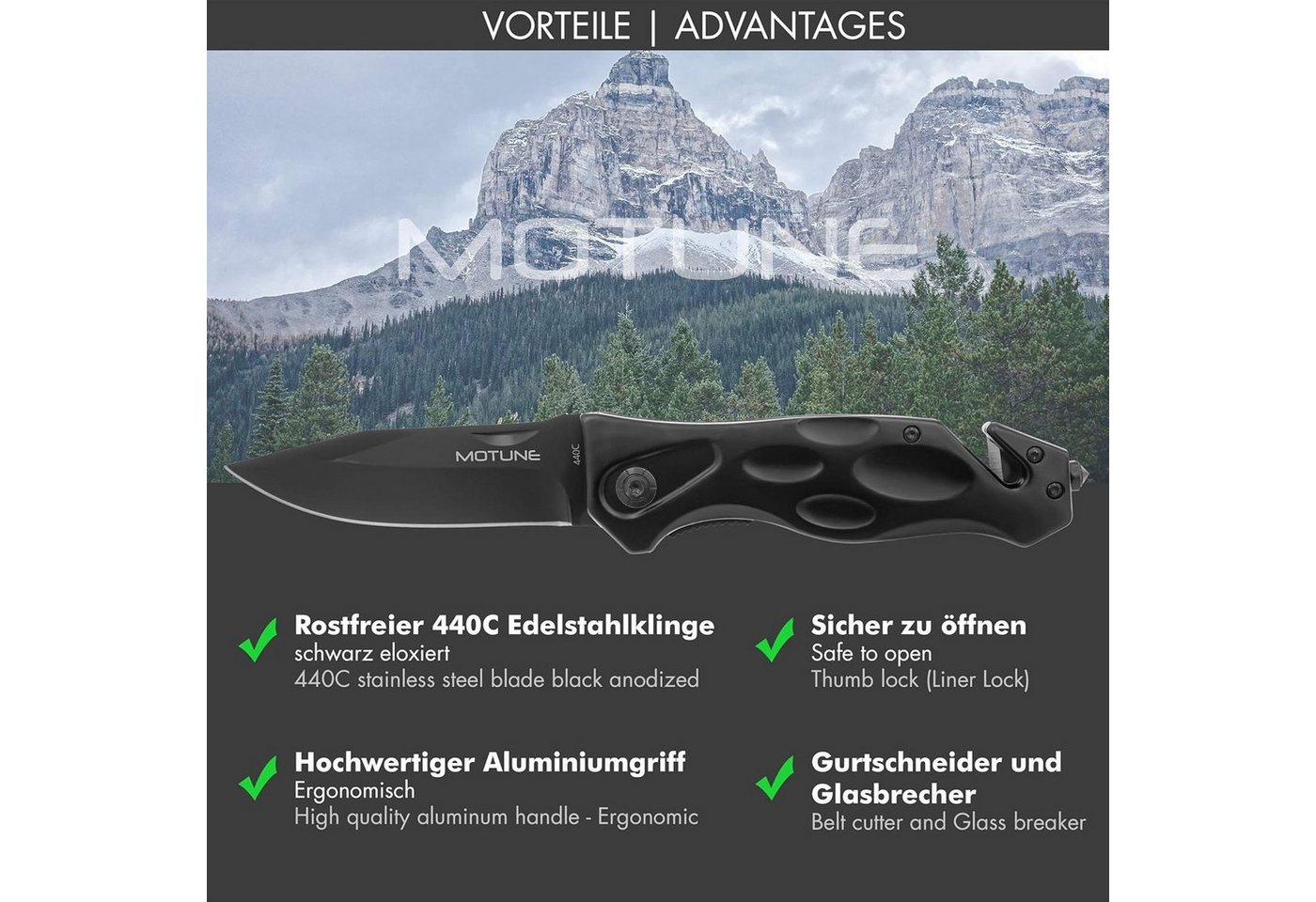 Motune® Zweihand Klappmesser 3-in-1 Kp21 - Taschenmesser Mit Aluminiumgriff - Zweihandmesser Mit Hochwertiger Edelstahlklinge 440c - Mit Schleifstein & Gürteltasche Bild 5