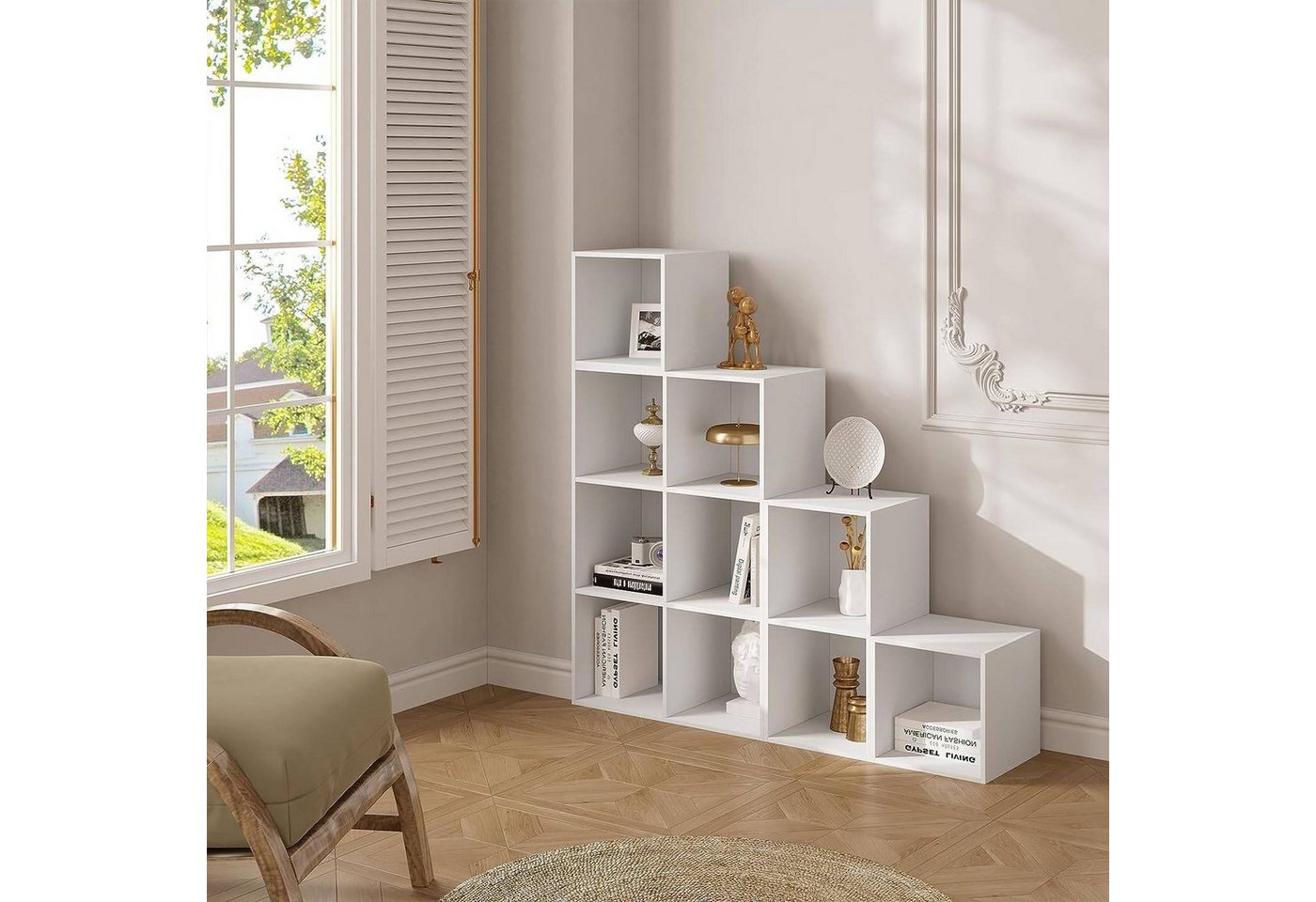 Bücherregal Weiß, Raumteiler, Stufenregal, Treppenregal, Würfelregal, Mit 10 Fächern, Standregal, Aufbewahrungsregal Für Bücher Spielzeug Wohnzimmer, 120x120x30cm - Woltu