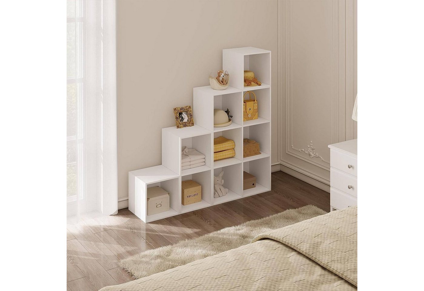 Bücherregal Weiß, Raumteiler, Stufenregal, Treppenregal, Würfelregal, Mit 10 Fächern, Standregal, Aufbewahrungsregal Für Bücher Spielzeug Wohnzimmer, 120x120x30cm - Woltu Bild 2