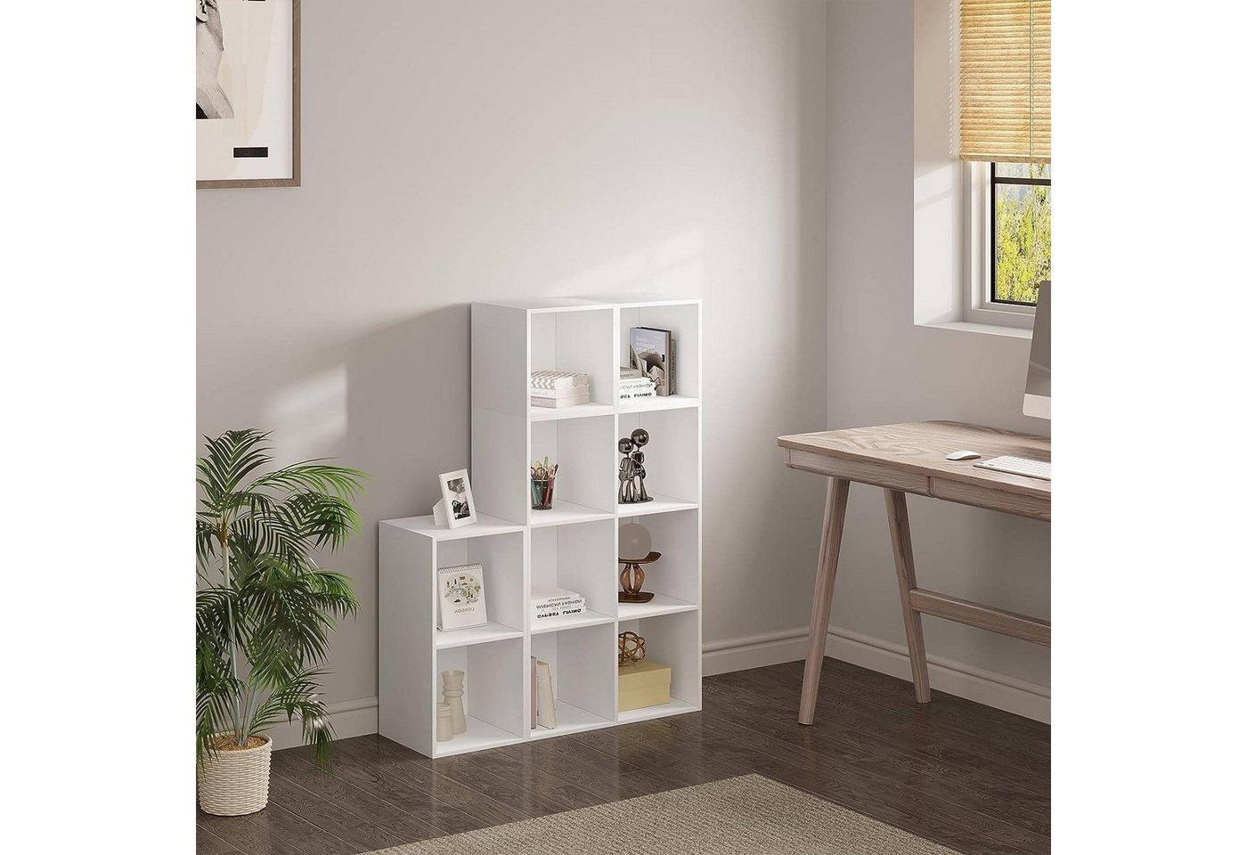 Bücherregal Weiß, Raumteiler, Stufenregal, Treppenregal, Würfelregal, Mit 10 Fächern, Standregal, Aufbewahrungsregal Für Bücher Spielzeug Wohnzimmer, 120x120x30cm - Woltu Bild 3