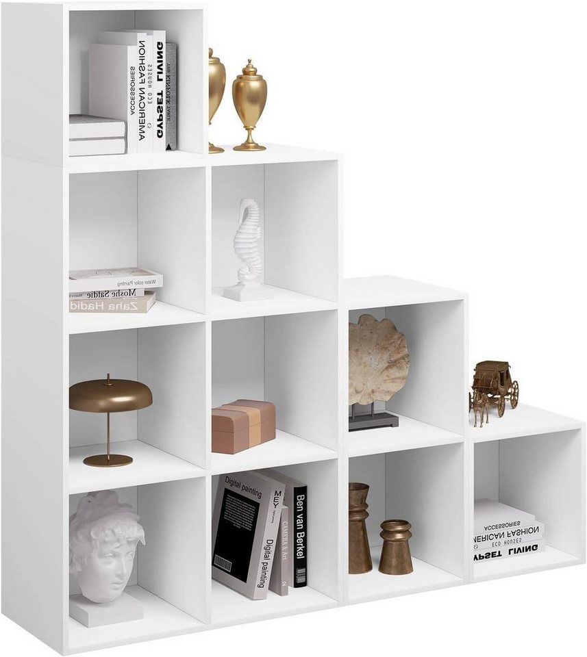 Bücherregal Weiß, Raumteiler, Stufenregal, Treppenregal, Würfelregal, Mit 10 Fächern, Standregal, Aufbewahrungsregal Für Bücher Spielzeug Wohnzimmer, 120x120x30cm - Woltu Bild 4