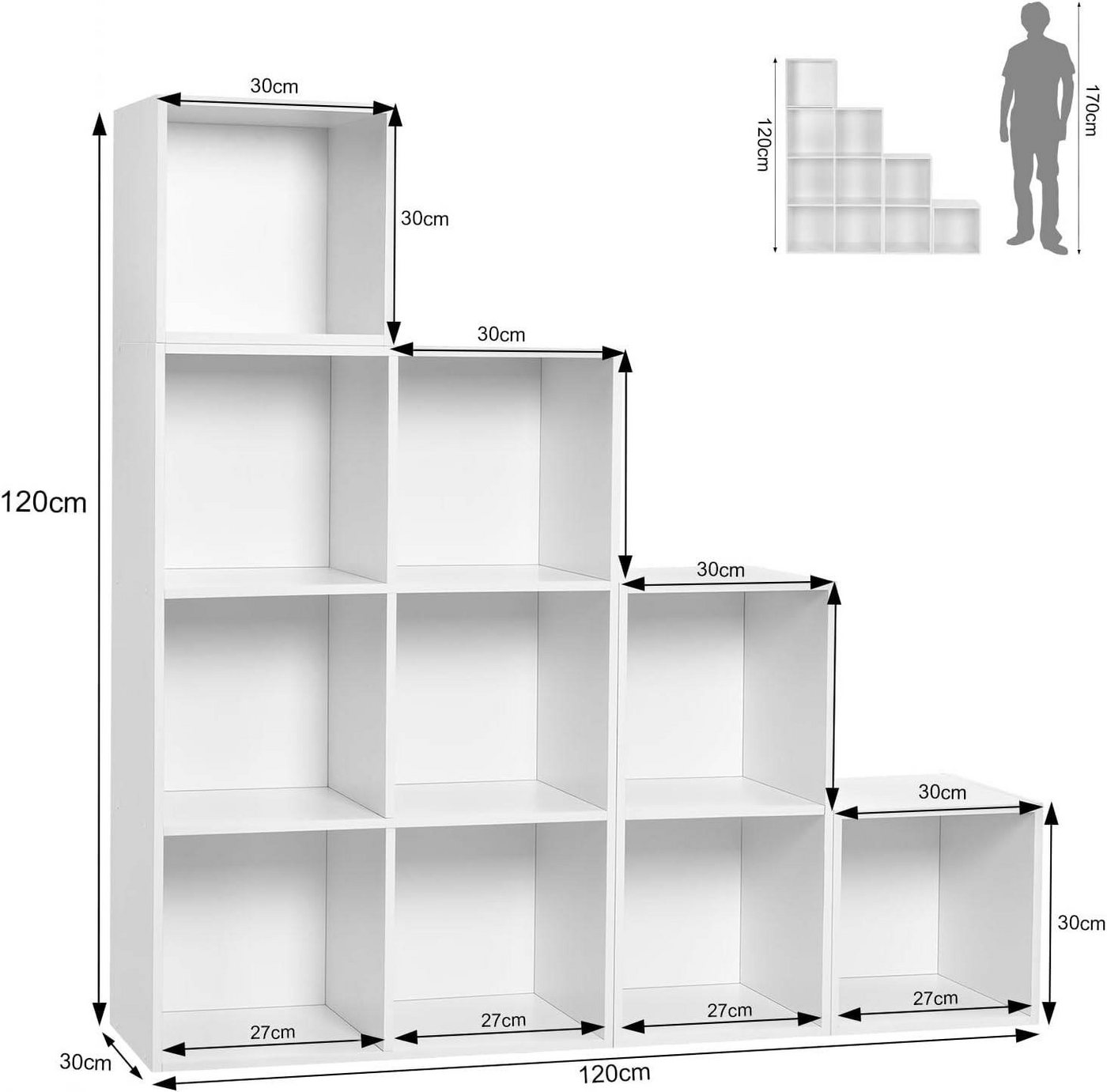 Bücherregal Weiß, Raumteiler, Stufenregal, Treppenregal, Würfelregal, Mit 10 Fächern, Standregal, Aufbewahrungsregal Für Bücher Spielzeug Wohnzimmer, 120x120x30cm - Woltu Bild 5