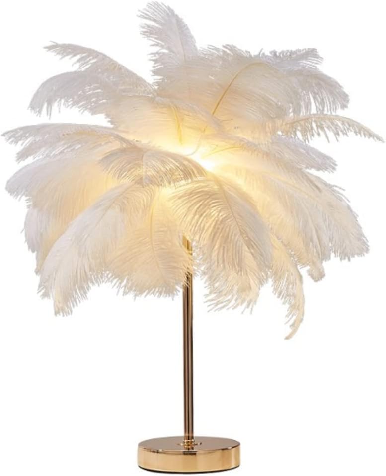 Sjlerst – Tischleuchte Aus Straußenfedern – Schirmdurchmesser 40 Cm – Höhe 50 Cm – Wiederaufladbare Led-beleuchtung – Warmes Und Neutrales Licht