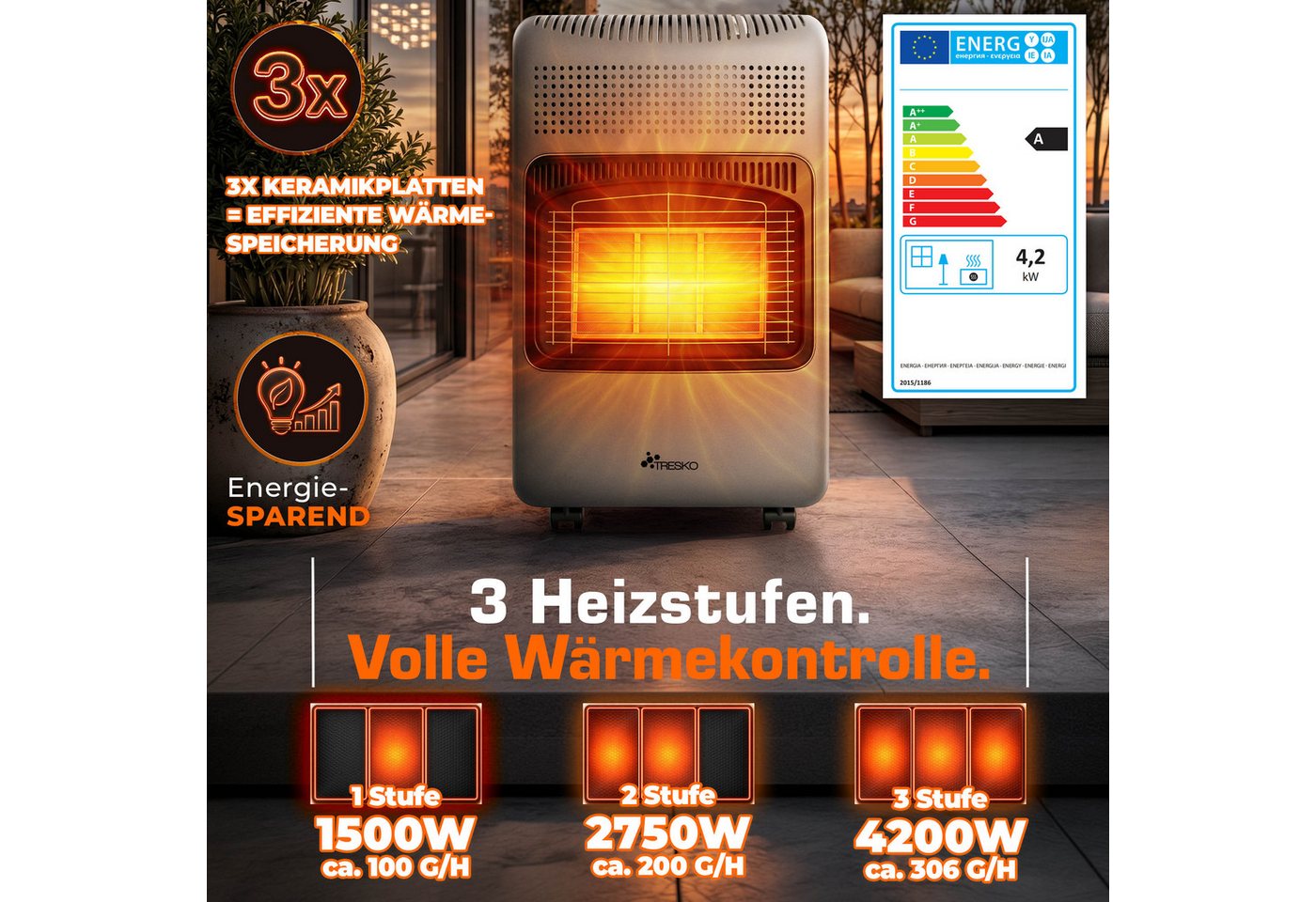 4200 Watt Gasheizer Grau Inkl. Gasdruckregler Gasschlauch + Abdeckung Gasofen Gasheizofen Keramik Mit 3 Stufen Infrarot Gasheizgerät Heizstrahler Für Butan- Oder Propangasflaschen Bis 15 Kg - Tresko