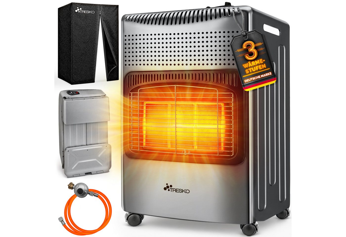 4200 Watt Gasheizer Grau Inkl. Gasdruckregler Gasschlauch + Abdeckung Gasofen Gasheizofen Keramik Mit 3 Stufen Infrarot Gasheizgerät Heizstrahler Für Butan- Oder Propangasflaschen Bis 15 Kg - Tresko Bild 2