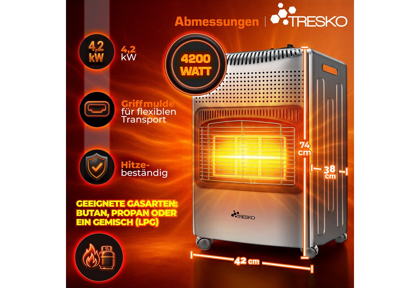 4200 Watt Gasheizer Grau Inkl. Gasdruckregler Gasschlauch + Abdeckung Gasofen Gasheizofen Keramik Mit 3 Stufen Infrarot Gasheizgerät Heizstrahler Für Butan- Oder Propangasflaschen Bis 15 Kg - Tresko Bild 3