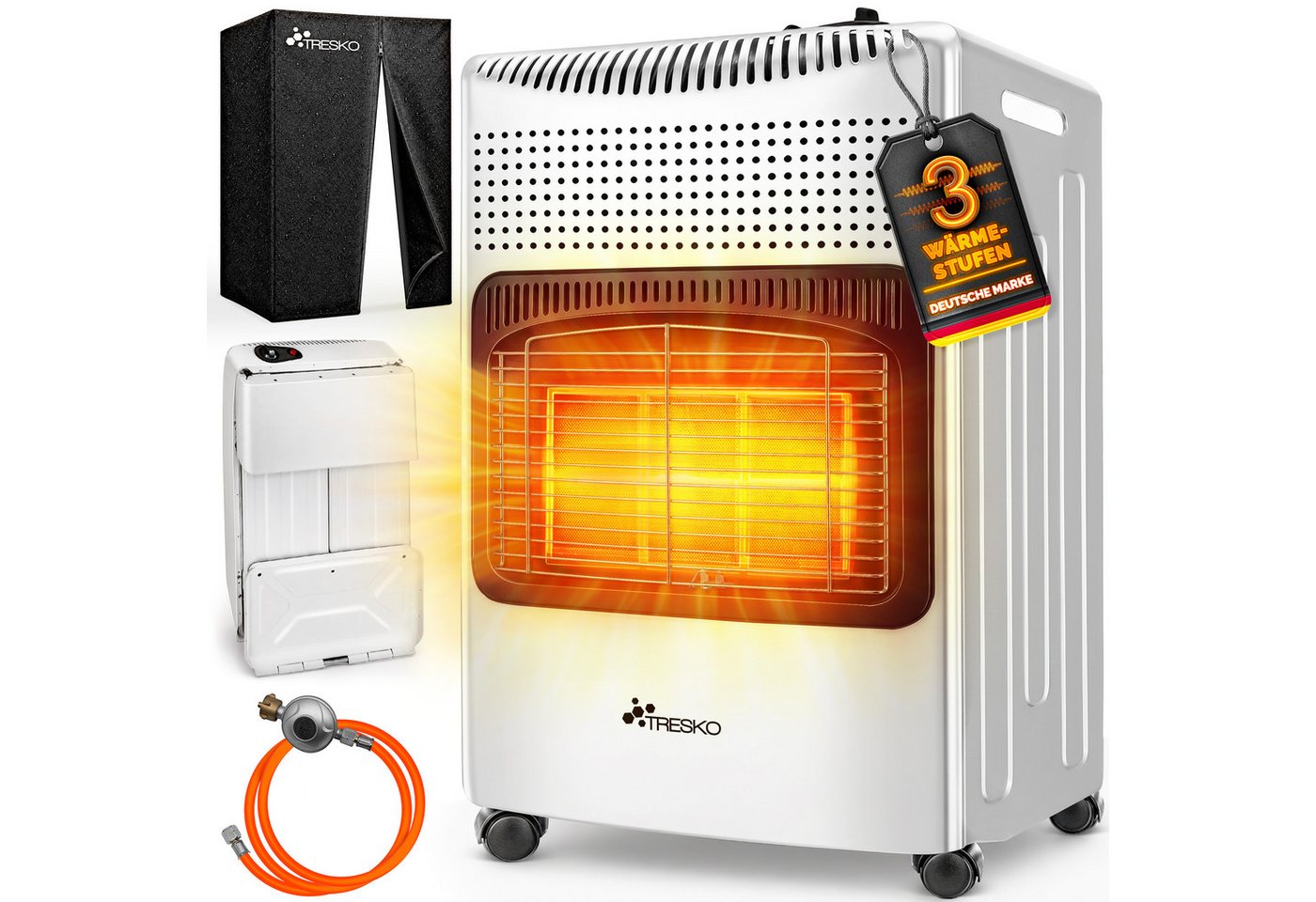4200 Watt Gasheizer Weiß Inkl. Gasdruckregler Gasschlauch + Abdeckung Gasofen Gasheizofen Keramik Mit 3 Stufen Infrarot Gasheizgerät Heizstrahler Für Butan- Oder Propangasflaschen Bis 15 Kg - Tresko