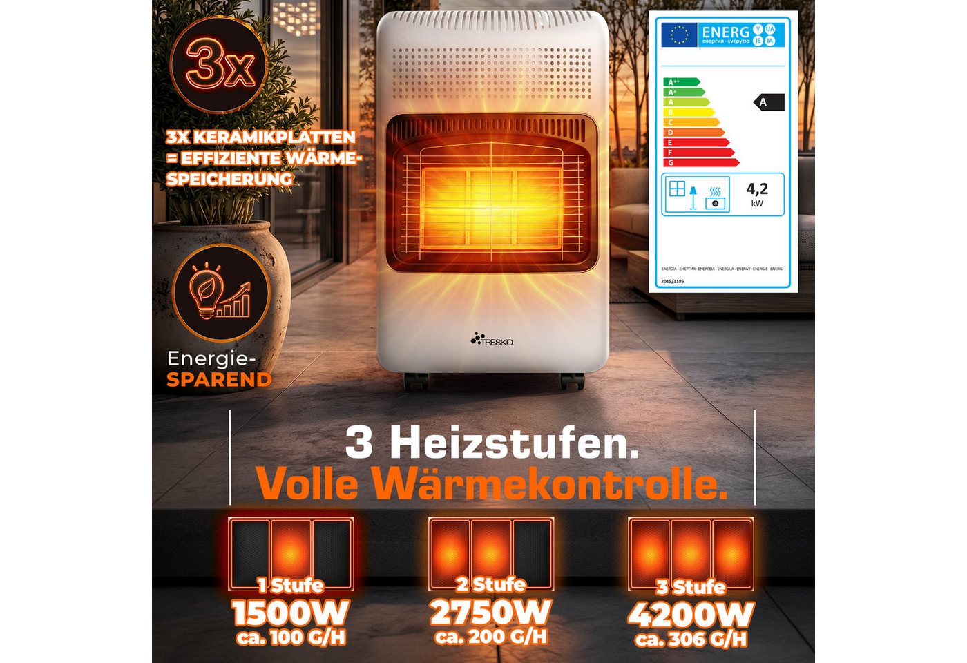 4200 Watt Gasheizer Weiß Inkl. Gasdruckregler Gasschlauch + Abdeckung Gasofen Gasheizofen Keramik Mit 3 Stufen Infrarot Gasheizgerät Heizstrahler Für Butan- Oder Propangasflaschen Bis 15 Kg - Tresko Bild 2