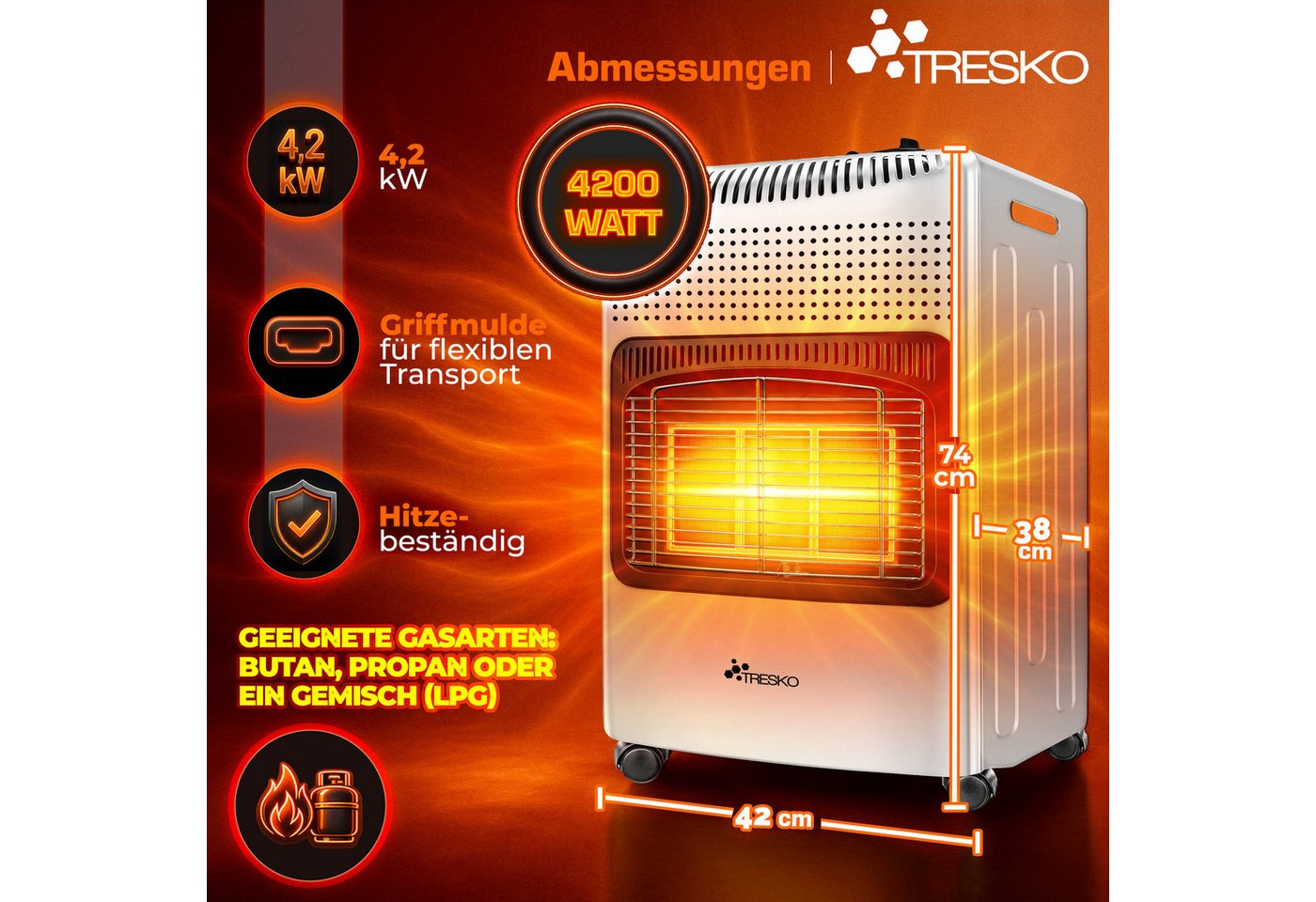 4200 Watt Gasheizer Weiß Inkl. Gasdruckregler Gasschlauch + Abdeckung Gasofen Gasheizofen Keramik Mit 3 Stufen Infrarot Gasheizgerät Heizstrahler Für Butan- Oder Propangasflaschen Bis 15 Kg - Tresko Bild 5