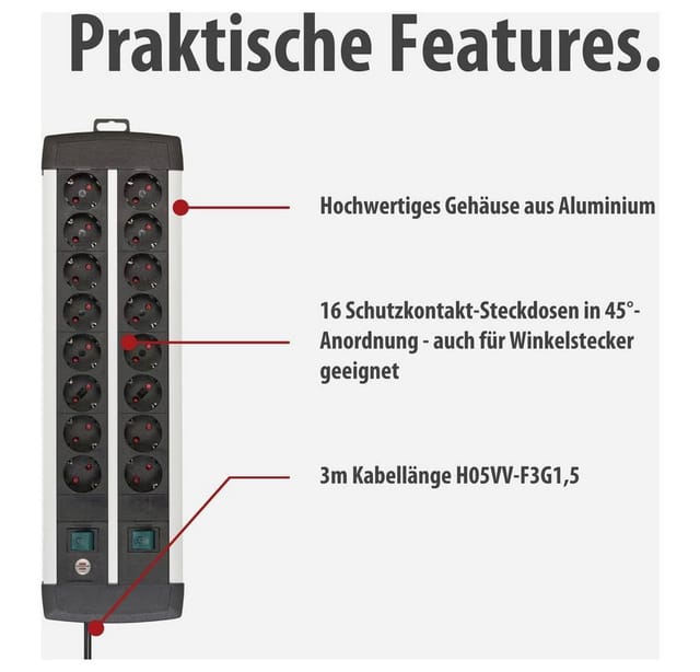 Premium-Alu-Line Steckdosenleiste 16-fach Duo