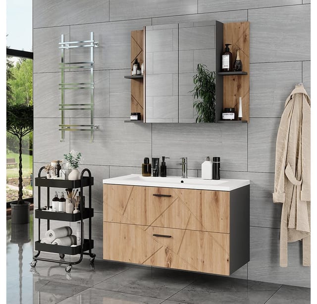 Badmöbel-set Irma, Anthrazit/goldkraft Eiche, 3 Teile, Vicco