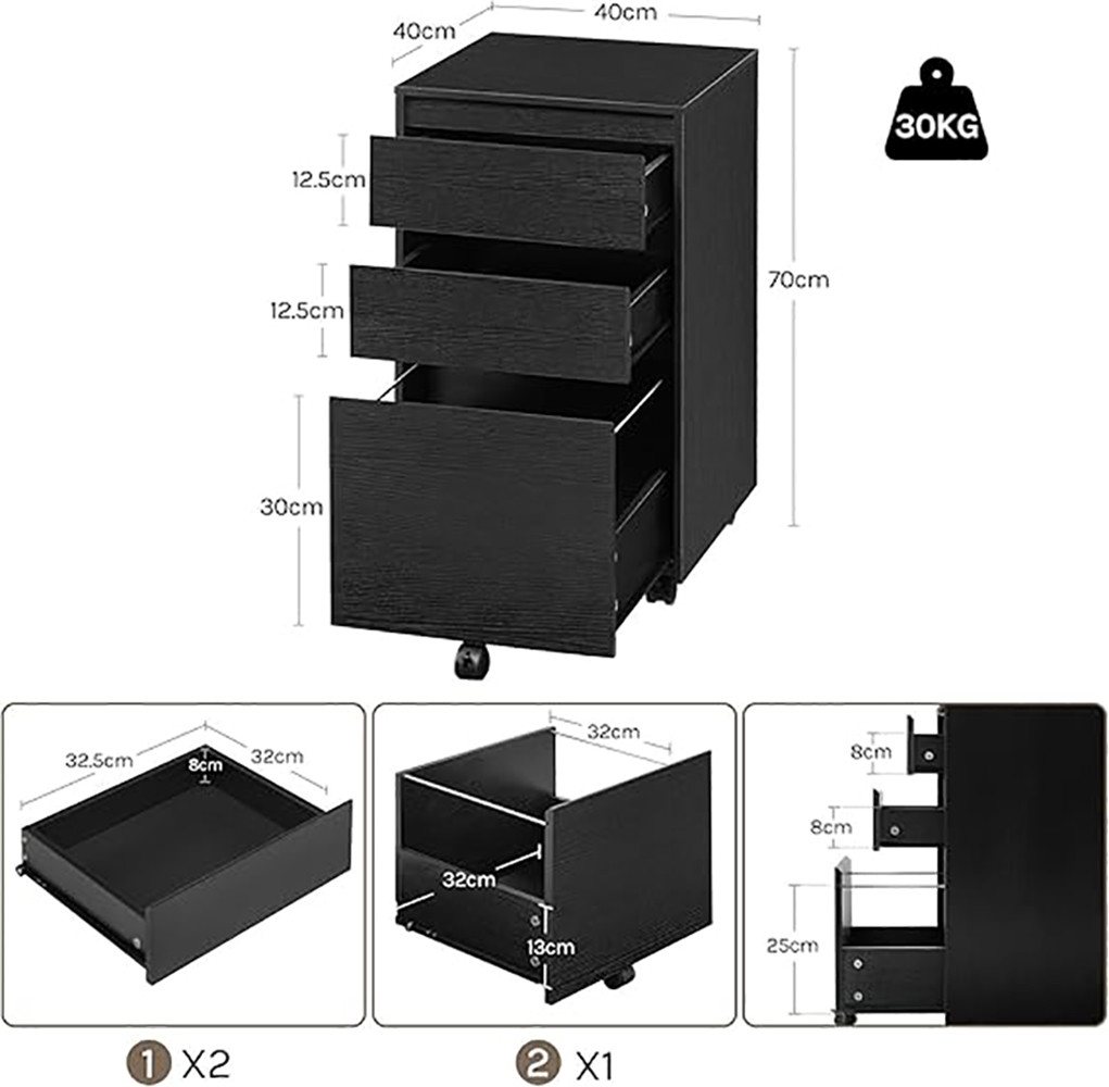 Rollcontainer Mit 3 Schubladen, Mobiler Aktenschrank, Büroschrank Mit Rollen, Aufbewahrungsschrank Für Büro Homeoffice, 40x70x40 Cm, Schwarz - Woltu