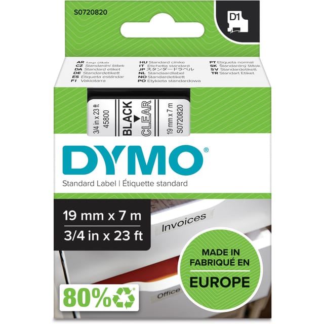 D1 ORIGINAL Schriftband, schwarz auf transparent, 19mm x 7m