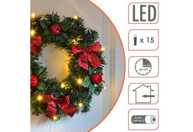 Produktbild Led Kunst Tannenkranz Grün Warm Weiß Beleuchtet Mit Timer - Ø 28 Cm - Weihnachtskranz Mit Dekoration Batterie Betrieben - Weihnachten Advent Winter Deko Türkranz Tischkranz