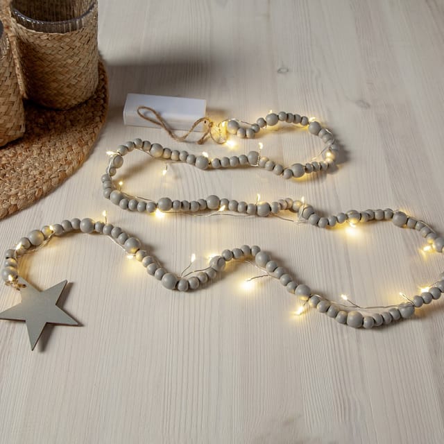 Star Trading - Weihnachtslichterkette ,beady` Mit Holzperlen Und Stern, Batterien + Timer, Warmweiß, Grau, L 150cm