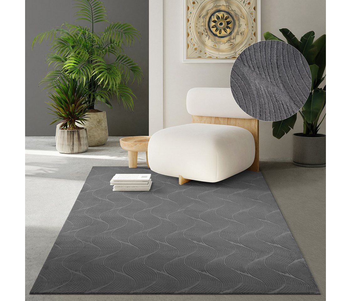 The Carpet - Rio Moderner Und Weicher Wohnzimmer Teppich Mit Anti-rutsch-rücken Und 3d-optik, Anthrazit, 160 X 220 Cm Bild 3