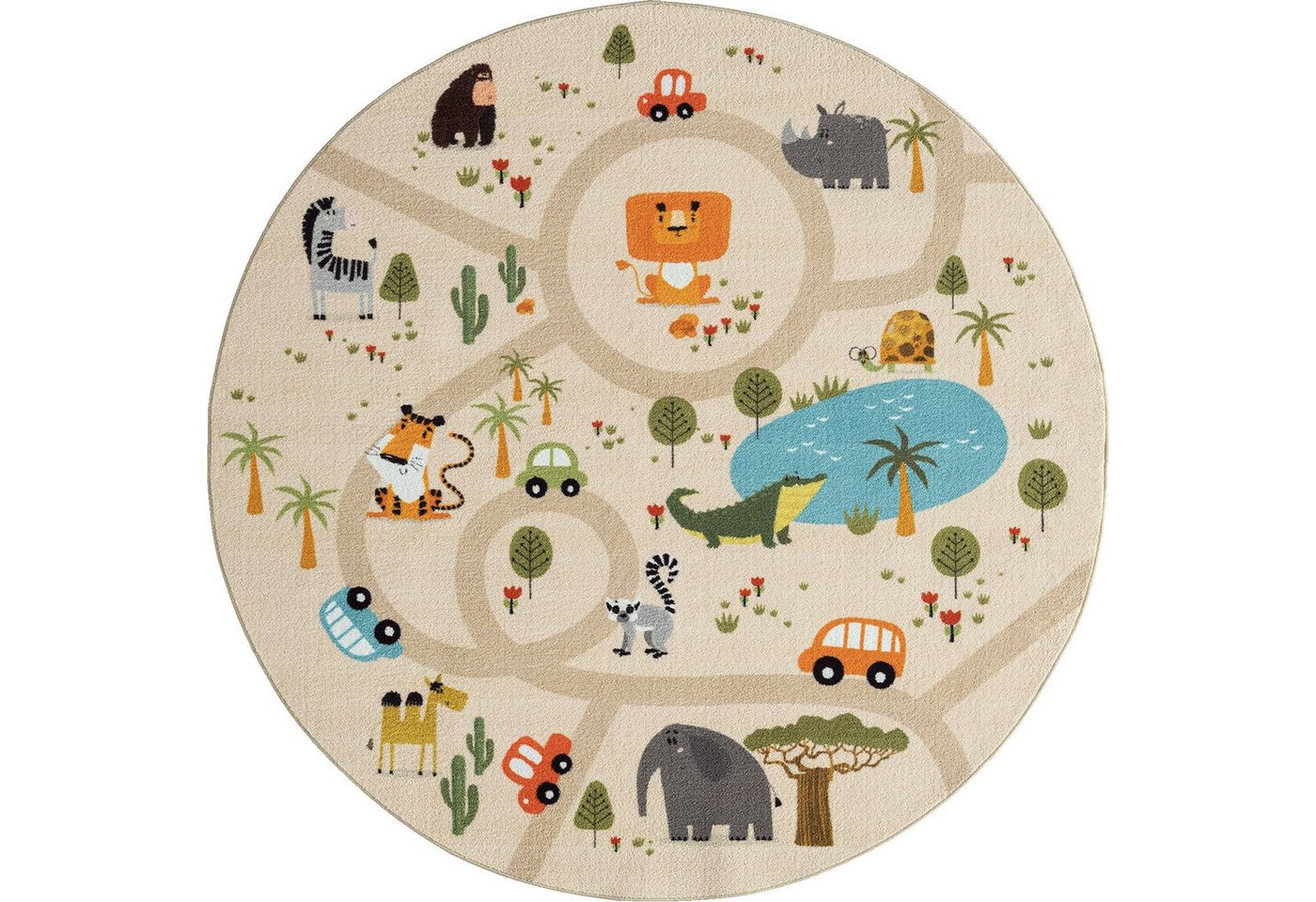 The Carpet - Happy Life Kinderzimmer, Kinderteppich, Spielteppich, Waschbar, Beige, 160 X 160 Cm