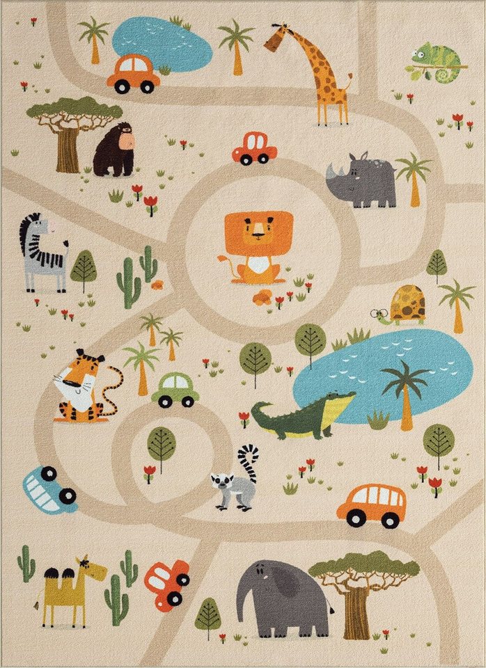 The Carpet Happy Life Kinderzimmer, Kinderteppich, Spielteppich, Waschbar, Beige, 100 X 200 Cm
