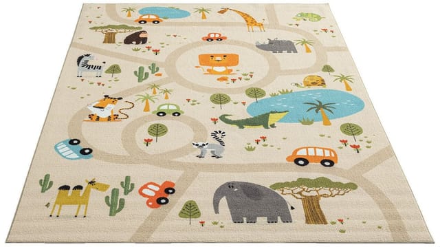 The Carpet - Happy Life Kinderzimmer, Kinderteppich, Spielteppich, Waschbar, Beige, 140 X 200 Cm