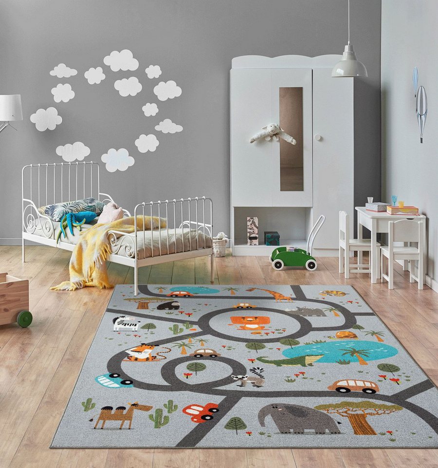 The Carpet - Happy Life Kinderzimmer, Kinderteppich, Spielteppich, Waschbar, Grau, 080 X 150 Cm