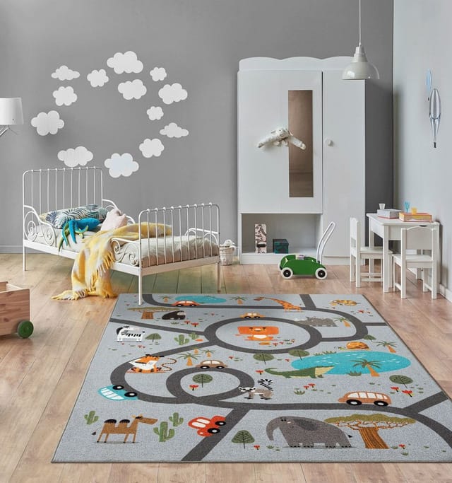 The Carpet - Happy Life Kinderzimmer, Kinderteppich, Spielteppich, Waschbar, Grau, 080 X 150 Cm