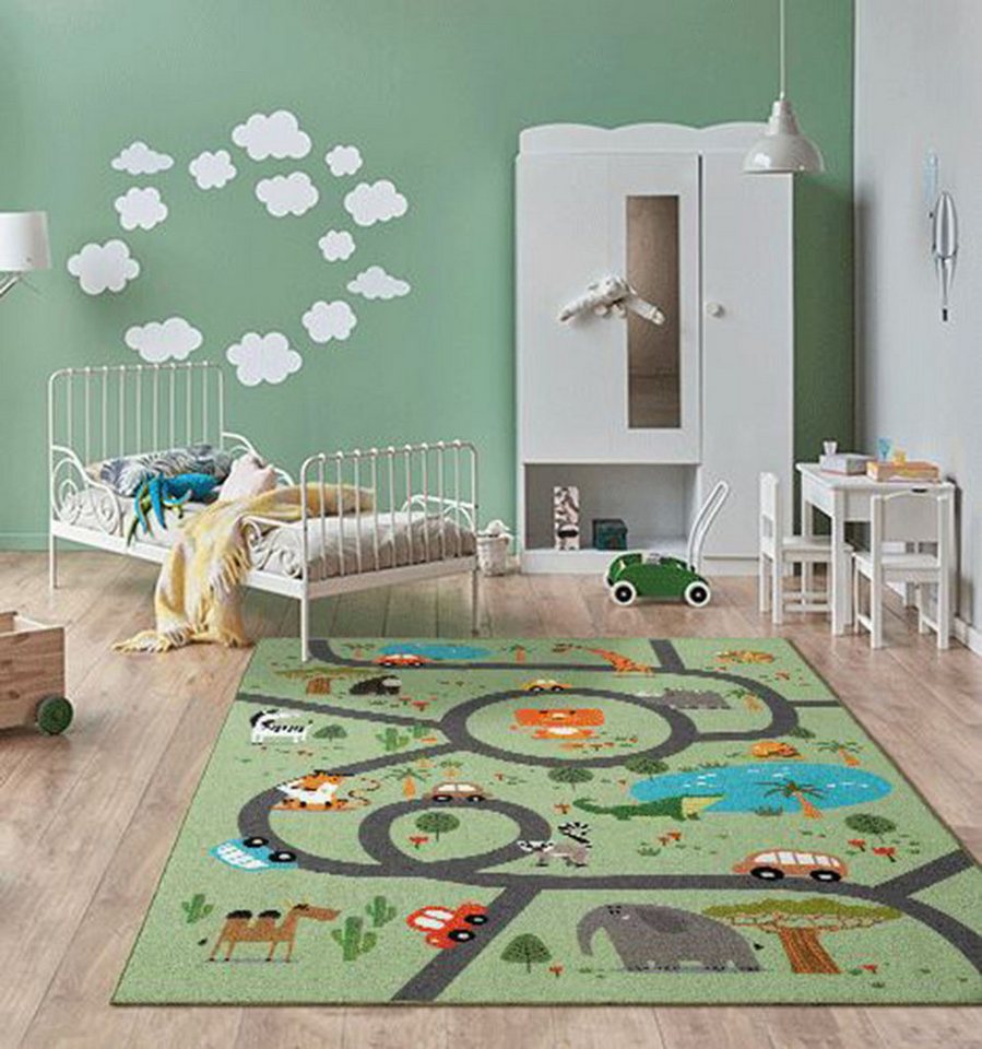 The Carpet - Happy Life Kinderzimmer, Kinderteppich, Spielteppich, Waschbar, Grün, 080 X 150 Cm