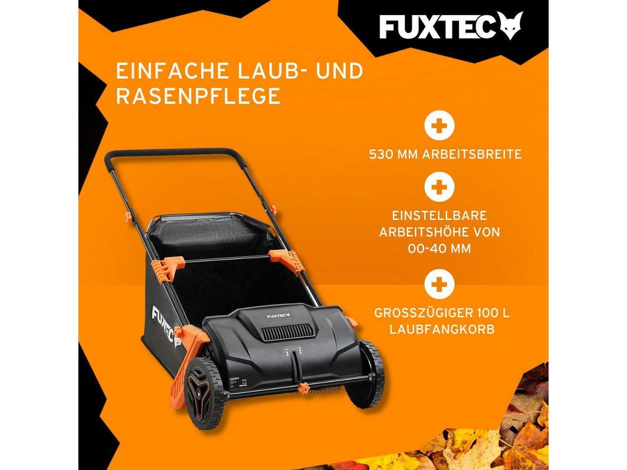 Laubsammler Fx-ls52, Grasschnittsammler Mit 530mm Arbeitsbreite, 0-40mm Arbeitstiefe, Einem Ca. 100l Großen Graßfangkorb Und 6,5 Kg - Fuxtec