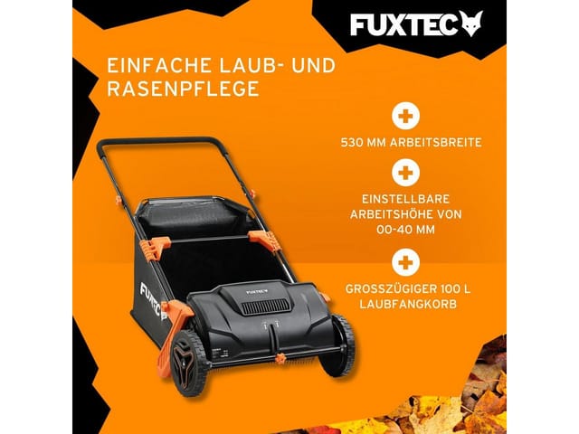 Laubsammler Fx-ls52, Grasschnittsammler Mit 530mm Arbeitsbreite, 0-40mm Arbeitstiefe, Einem Ca. 100l Großen Graßfangkorb Und 6,5 Kg - Fuxtec