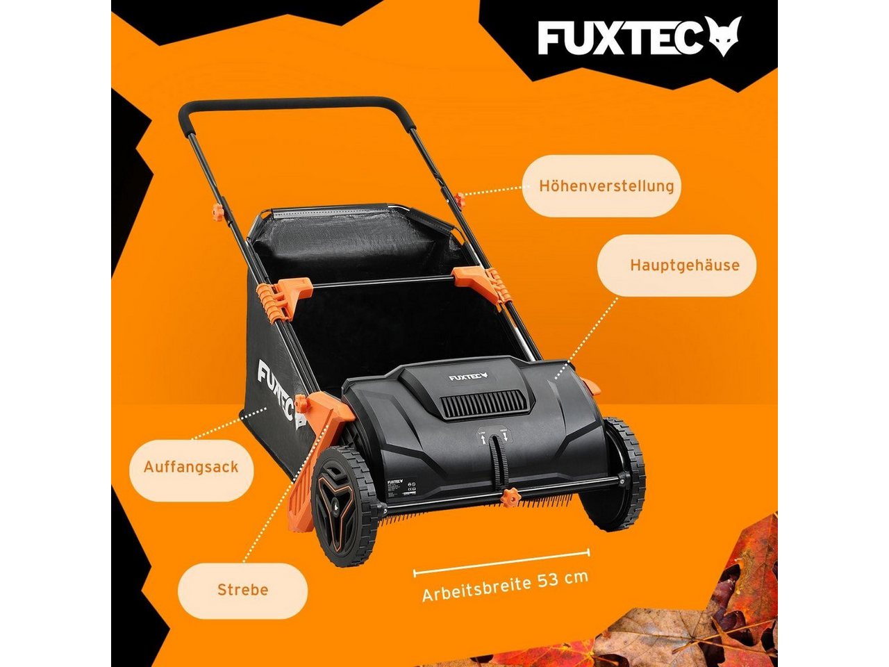 Laubsammler Fx-ls52, Grasschnittsammler Mit 530mm Arbeitsbreite, 0-40mm Arbeitstiefe, Einem Ca. 100l Großen Graßfangkorb Und 6,5 Kg - Fuxtec Bild 3