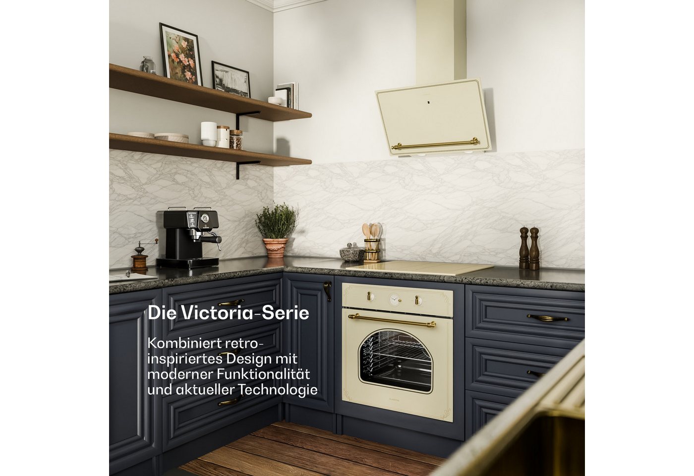 Klarstein Victoria Dunstabzugshaube - 60 Cm Abzugshaube Küche, 400 M³/h Luftstrom, A++ Energieeffizienz, Touch-bedienfeld, Led-dunstabzugshaube, Leise 52 Db, Creme & Gold
