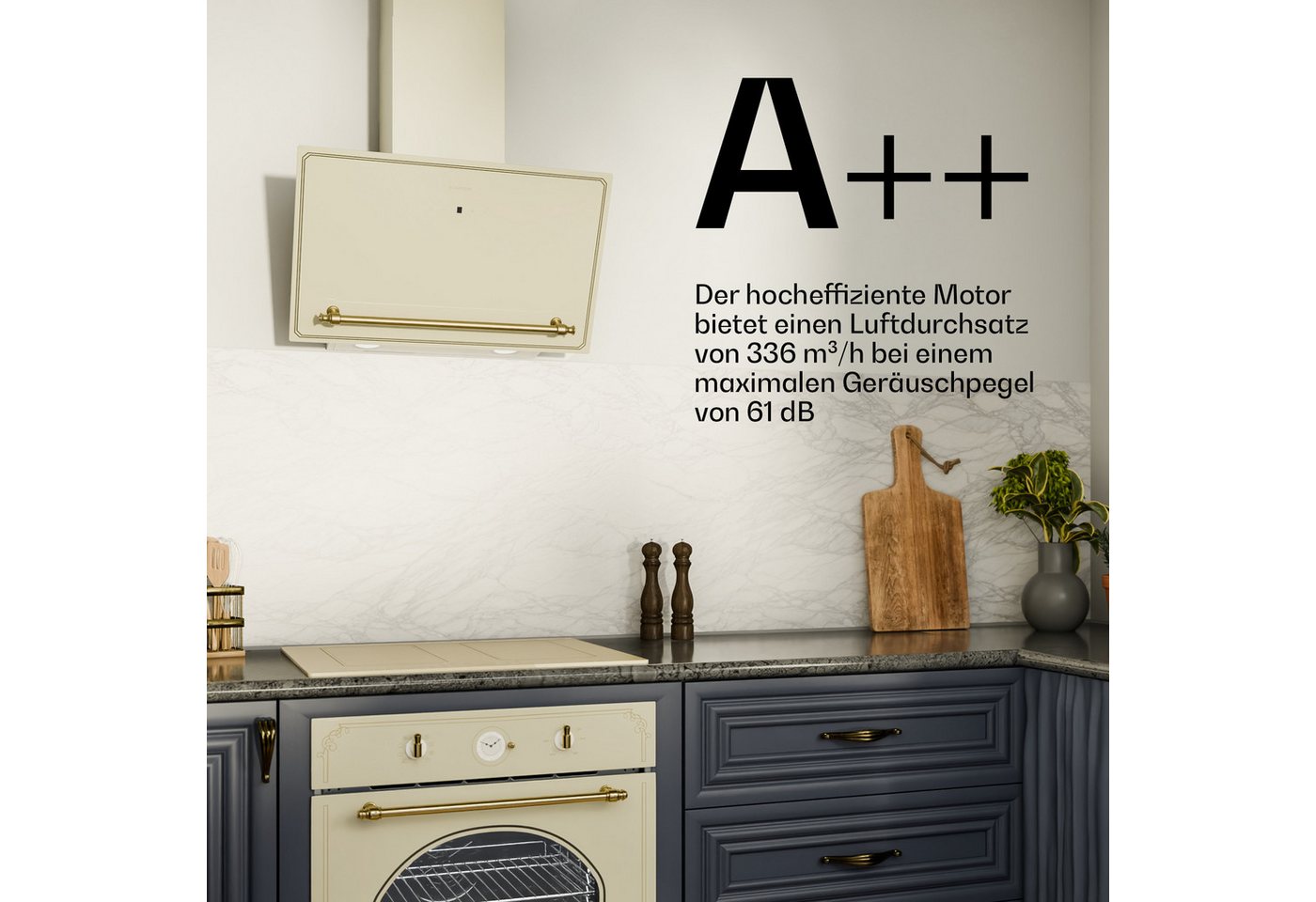Klarstein Victoria Dunstabzugshaube - 60 Cm Abzugshaube Küche, 400 M³/h Luftstrom, A++ Energieeffizienz, Touch-bedienfeld, Led-dunstabzugshaube, Leise 52 Db, Creme & Gold Bild 3
