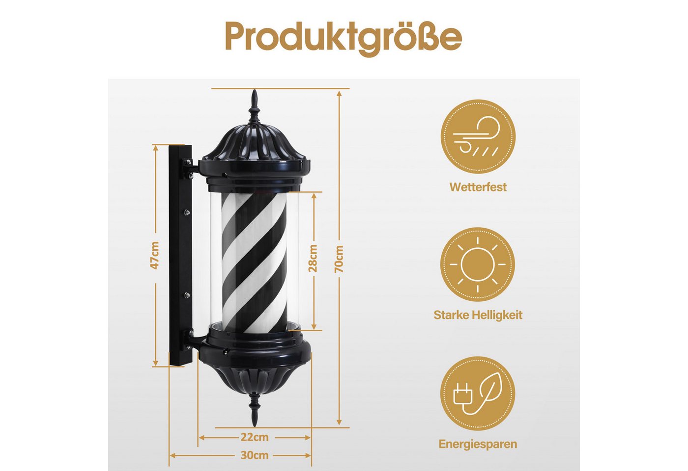 Barberpub - Barber Pole Barbierstab, Barbershop Friseurstange Mit Led Leucht Salon Einrichtung, Drehbar Stange Friseursalon, Schwarze Weiße Streifen, Barbier Stange Licht 70 Cm, Energie Sparen L054bb