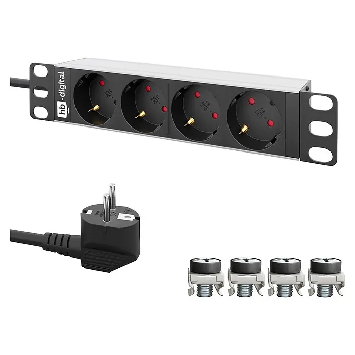 Steckdosenleiste hb-digital 4-fach 10 Zoll für Serverschrank 1HE (Schwarz, IP20, Ohne Schalter)