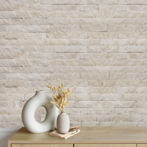 WOHNRAUSCH Wandverblender »Tosca Cream«, 0,5 m², L: 10-50 cm, B: 2-3 cm, H: 5 cm, Travertin, offenporig, gespalten, beige Bild 3