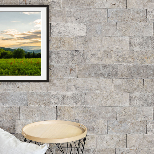 WOHNRAUSCH Wandverblender »Mudra Grey«, 0,5 m², L: 10-50 cm, B: 2-3 cm, H: 10 cm, Travertin, offenporig, gespalten, grau, beige braun Bild 2