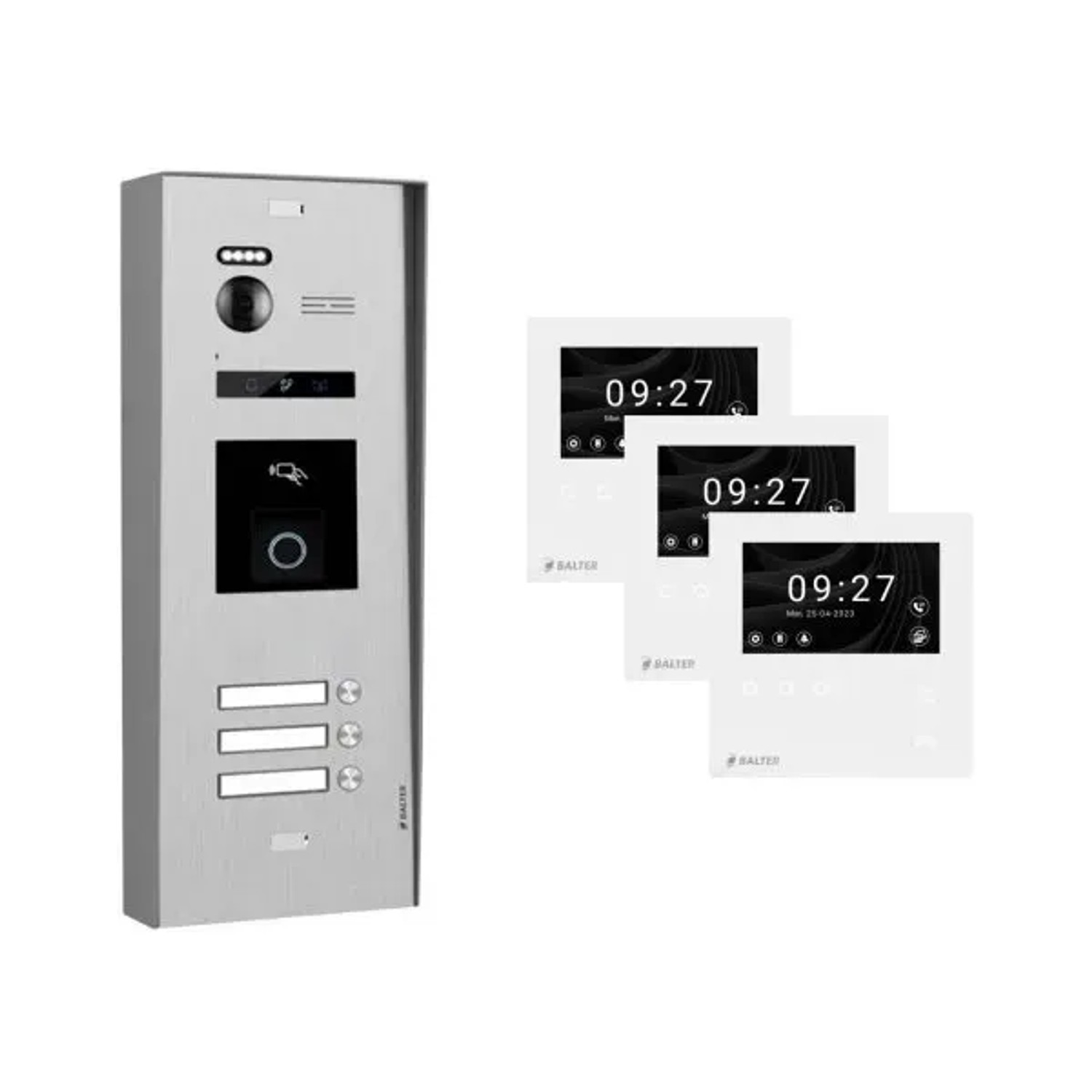 Balter Evo-HD-Mini Aufputz Video Türsprechanlage mit Fingerprint für 3-Familienhaus mit 3x 4,3 Zoll Monitor Silber