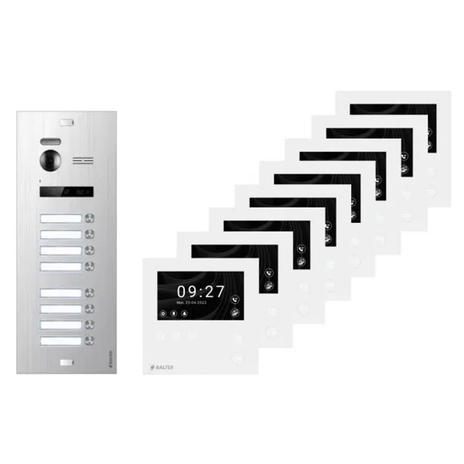 Balter Evo-HD-Mini Video Türsprechanlage Komplettsystem für 8-Familienhaus mit 4,3 Zoll Monitor Silber